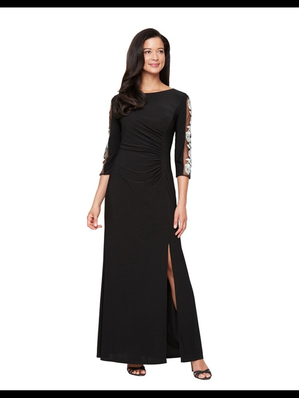 SLNY Black Maxi Gown with White Floral Sleeve Appliqué